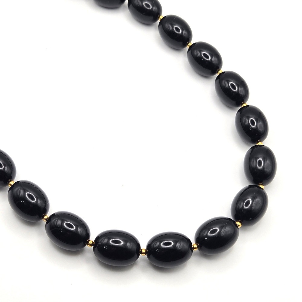 Vintage Black Oval Bead Necklace Gold Tone Spacers Screw Barrel Clasp 20 Inch